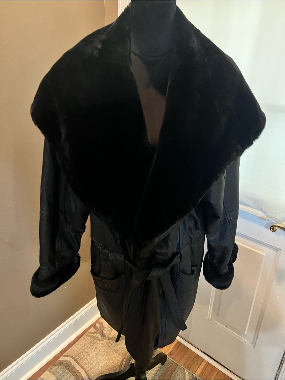 Black Leather Faux Fur Collar Belted Coat